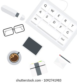 Keyboard on the desc, office table. Flat design, vector illustration