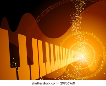 Keyboard on a vector background of musical symbols