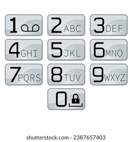 Keyboard of phone with numbers and letters on cell buttons. Vector illustration.