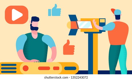 Keyboard Player Concert Recording Illustration. Young Musician and Operator Cartoon Characters. Musical Internet Channel. Blogger Playing Synthesizer. Online Performance Stream. Blogging Business