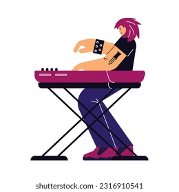 Keyboard player playing rock music, flat vector illustration isolated on white background. Rock band member in tattoos playing electric piano. Concepts of concerts and music festivals.