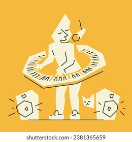 Keyboard player and singer. Solo concert, artist plays 360 piano and sing song. Minimal vector illustration