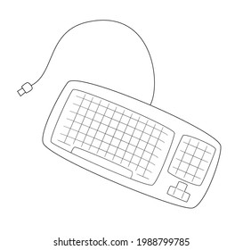 Keyboard with rounded edges and usb wire.Contour black and white isolated illustration in doodle style on white background.