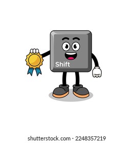 keyboard shift key cartoon illustration with satisfaction guaranteed medal , character design