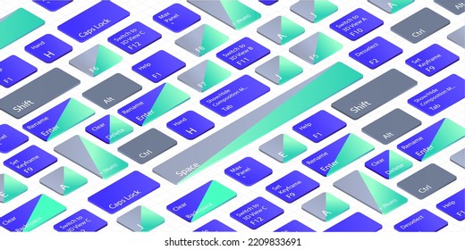 Tastatur mit Tastenkombinationen für Motion Design in isometrischen 3D. Tastenkombinationen in zufälliger Reihenfolge für Windows-Schaltflächen. Hintergrund