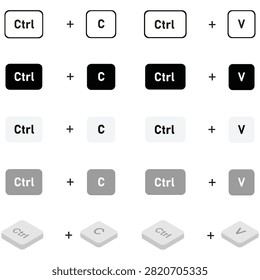 Keyboard shortcut vector collection featuring copy and paste control key combinations isolated on white background for software tutorials productivity education computer interfaces and digital design resources.
