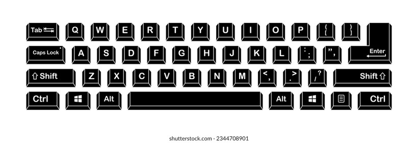 Keyboard. Silhouette, black, computer keyboard, keyboard keys, English layout. Vector illustration