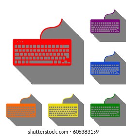 Keyboard simple sign. Set of red, orange, yellow, green, blue and violet icons at white background with flat shadow.