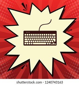 Keyboard simple sign. Vector. Dark red icon in lemon chiffon shutter bubble at red popart background with rays.