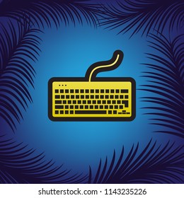 Keyboard simple sign. Vector. Golden icon with black contour at blue background with branches of palm trees.