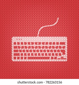 Keyboard simple sign. Vector. Knitted white icon on a red knitted background.