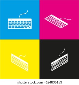 Keyboard simple sign. Vector. White icon with isometric projections on cyan, magenta, yellow and black backgrounds.