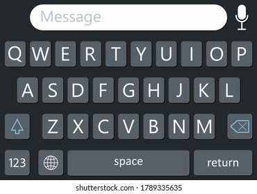 Keyboard of smartphone. Keypad for ui of mobile. Interface on digital touch screen of phone. Keys or buttons for text. Template for web, message, chat, app and sms. Modern icon of alphabet. Vector.