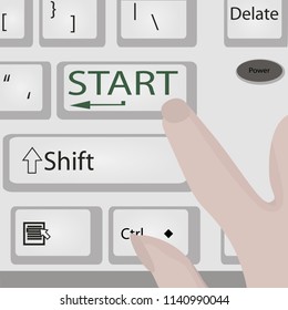 Keyboard Start Power Button   Computer or laptop with fingers Vector illustration