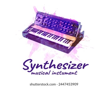 Keyboard synthesizer, musical instrument with colored emotional drop and splash in the background. Vector illustration. Art collage on a white background. Design template for music festival, poster