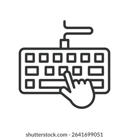 Keyboard typing, icon in line design. Keyboards typing, computer keyboard, type hands, typing, type, input, digital keyboard on white background vector. Keyboard typing, editable stroke icon