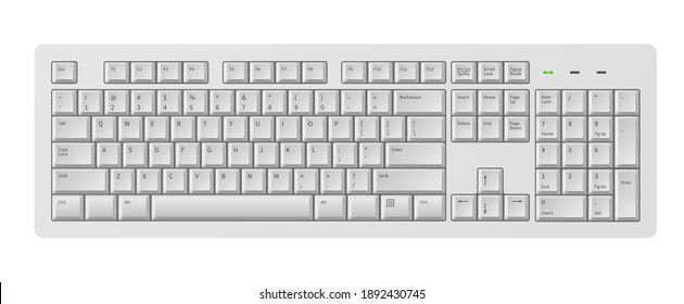 Keyboard. White realistic keyboard for personal computer or laptop, 3d modern pc keypad for write words english alphabet, modern device top view vector isolated on white background single object