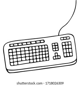 Keyboard. Wired device for entering information into a computer. The device consists of a set of keys. Vector illustration in doodle style. Outline on an isolated white background. Sketch. Buttons.