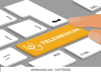 Keyboard With Yellow Telemedicine Button - Computer Or Laptop With Fingers - Vector Illustration