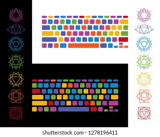 Keyboard yoga chakra vector illustration colorful set on white and black