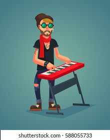 Keyboardist character play music. Vector flat cartoon illustration