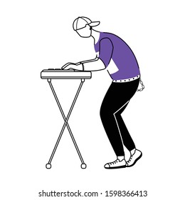 Keyboardist flat contour vector illustration. Keyboard player. DJ. Musician. Music band member. Rock and roll. Punk. Concert, gig, club. Isolated cartoon outline character on white. Simple drawing