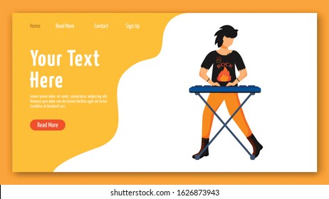 Keyboardist landing page vector template. Keyboard player website interface idea with flat illustrations. Musician homepage layout. Music band member web banner, webpage cartoon concept