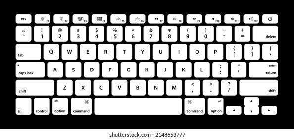 Keyboards for computer, laptop and pc with key buttons and enter isolated in white and black colors. Alphabet board, digital modern keypad with letter icons. Qwerty layout illustration. Vector EPS10.