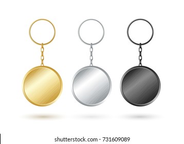 Keychain collection. Round shape. Golden,silver and black metallic keyholders.