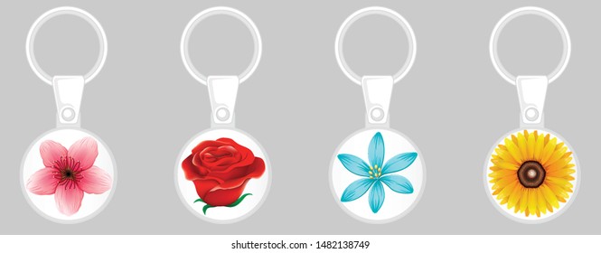 Keychain design template with colorful flowers illustration