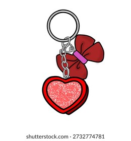 A keychain featuring a red glittery heart charm and a red bow charm, attached to a silver keyring.