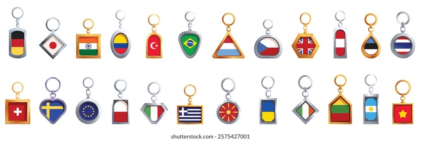  Keychain flag icons set. Keychains representing flags of various countries, adding a touch of national pride to your belongings