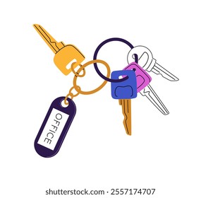 Keychain, fob, bunch with Office on tag. Different steel keys, trinket hanging on keyring. Keyfob, keyholder with label to lock house, doors. Flat isolated vector illustration on white background