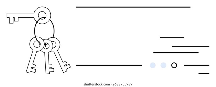 Keychain with four keys hangs on left while abstract lines and dots fill right. Ideal for security concepts, locksmith services, access solutions, minimalistic design, vector art, key management