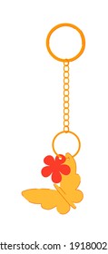 Keychain with gold butterfly and red flower pendant isolated
