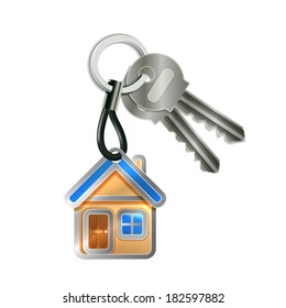 Keychain with house and two keys isolated