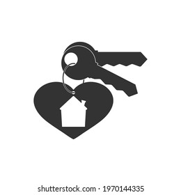 Keychain with key ring, pendant house locket with heart, two keys. Vector icon. Clipart and drawing. Isolated illustration.
