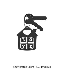 Keychain with key ring, pendant house locket with heart and inscription love, two keys. Vector icon. Clipart and drawing. Isolated illustration.
