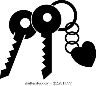 Keychain with key ring, two keys and a pendant house locket. Key chain with house with heart locket vector icon..eps
