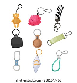 keychain key set cartoon. keyring ring, chain round holder, metal trinker, car silver keyholder keychain key vector illustration