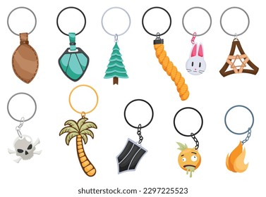 Keychain keyholder, icon set. Cartoon color different types of key ring, chain round holders or metal trinket. Modern keys pendants. Home rental or real estate concept. Vector illustration