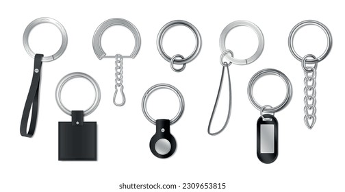 Keychain keyring holder trinket realistic set of isolated images with metal rings and chains for keys vector illustration