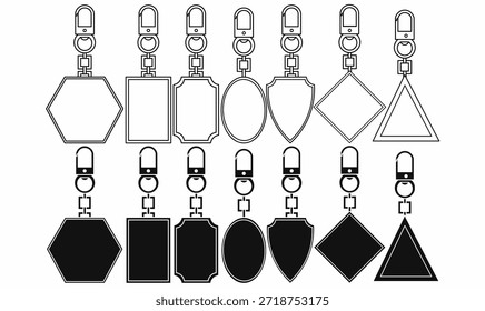 Conjunto de iconos de llavero o llavero con Clip de gancho de metal, cadena, mosquetón, hexágono, cuadrado, óvalo, escudo, diamante y triángulo Formas en contorno, silueta. 