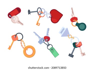 Keychain for keys. Property protection lock with colored keychains of different forms garish vector flat pictures collection set