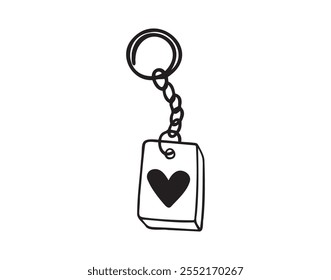 Keychain with love heart hand drawn doodle symbol, outline drawing keychain heart. Vector illustration