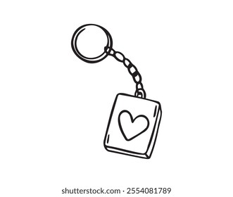 Keychain with love heart hand drawn doodle symbol, outline drawing keychain heart. Vector illustration