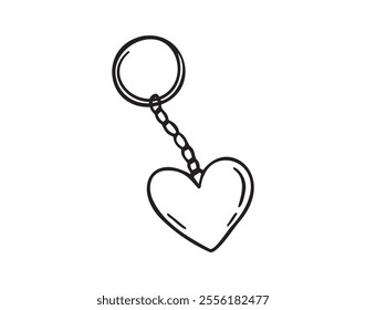 Keychain with love heart hand drawn doodle symbol, outline drawing keychain heart. Vector illustration