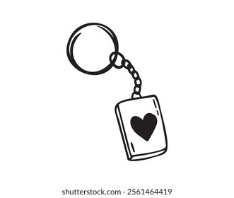 Keychain with love heart hand drawn doodle symbol, outline drawing keychain heart. Vector illustration