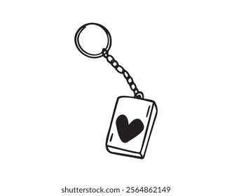 Keychain with love heart hand drawn doodle symbol, outline drawing keychain heart. Vector illustration