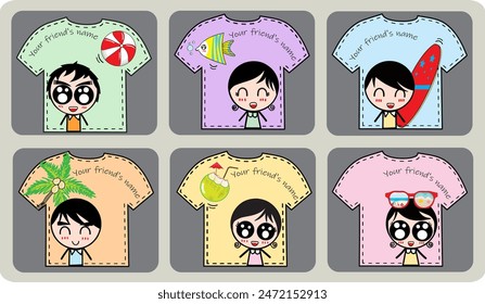 Llavero y diseño de imán, Plantilla de regalo, Vector de diseño de souvenirs, personaje de dibujos animados niño y niña en vacaciones de verano en camisa, Corte archivo Cricut, silueta 